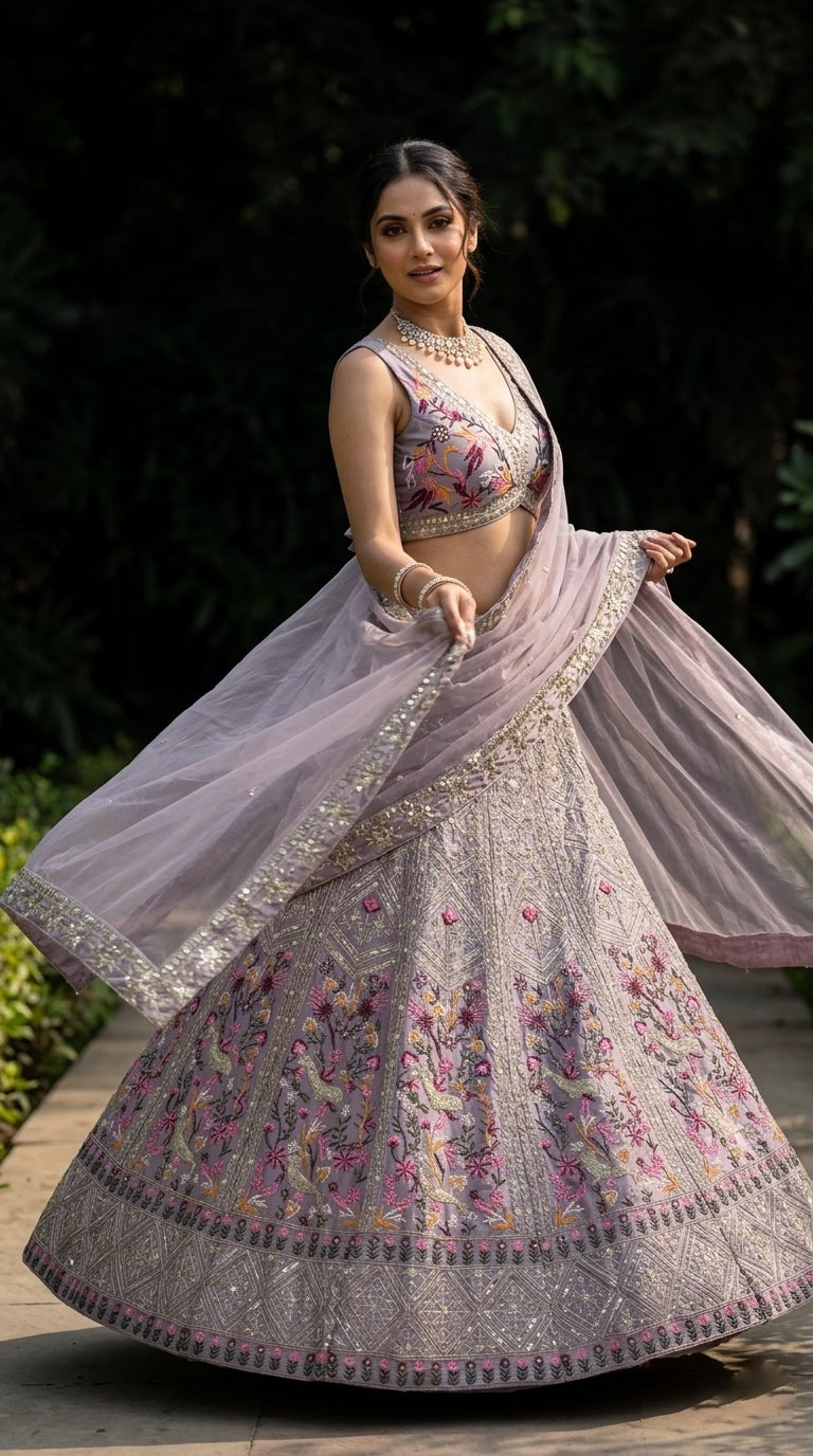 Luxury Taupe Floral Embroidered Lehenga Set with Deep V-Neck Blouse & Net Dupatta | Bridal & Wedding Wear