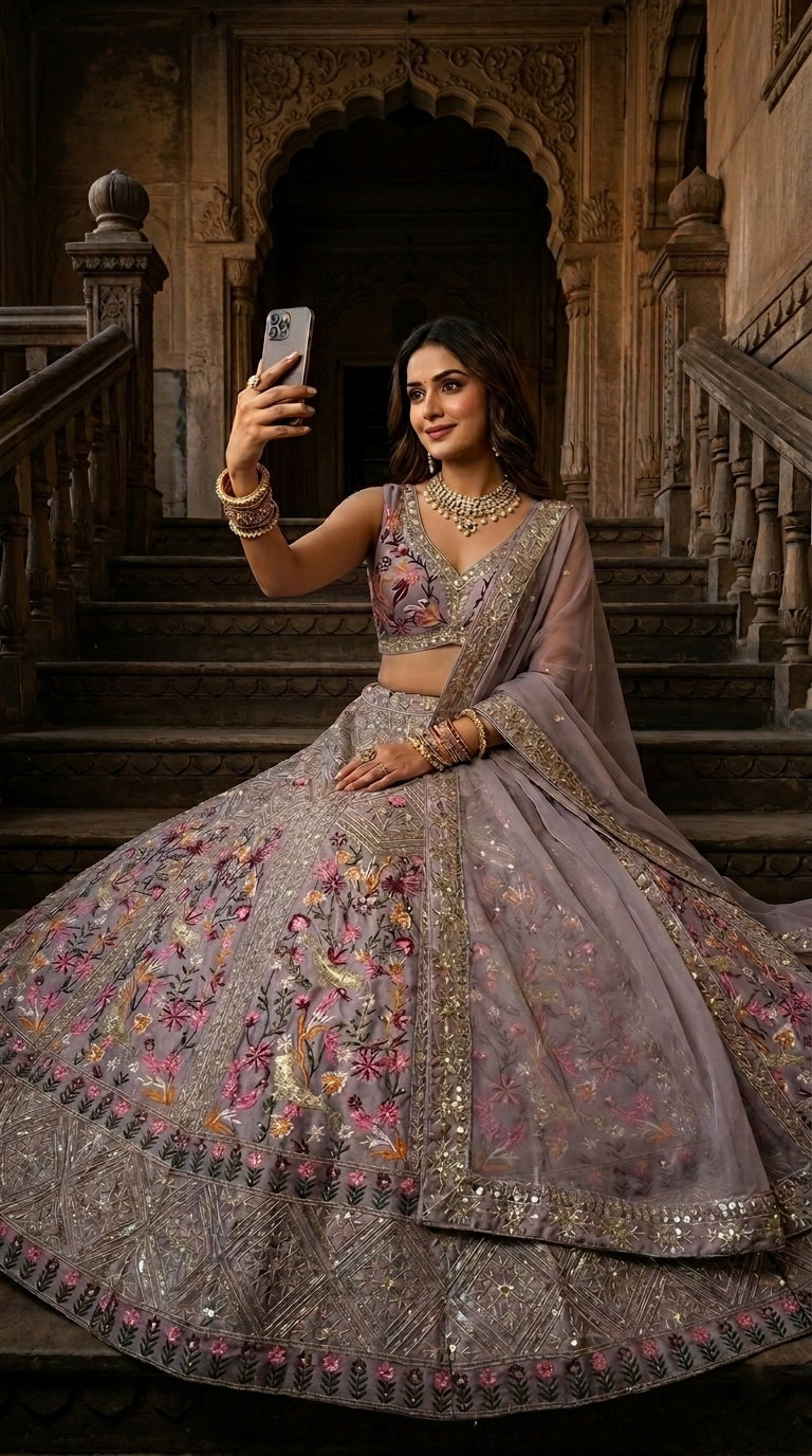 Luxury Taupe Floral Embroidered Lehenga Set with Deep V-Neck Blouse & Net Dupatta | Bridal & Wedding Wear