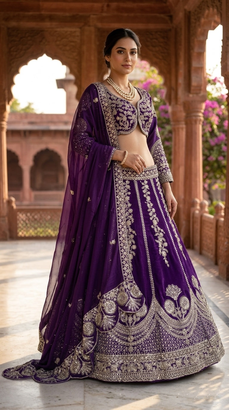 Royal Purple Embroidered Bridal Lehenga Set with Heavy Silver Zari Work & Dupatta