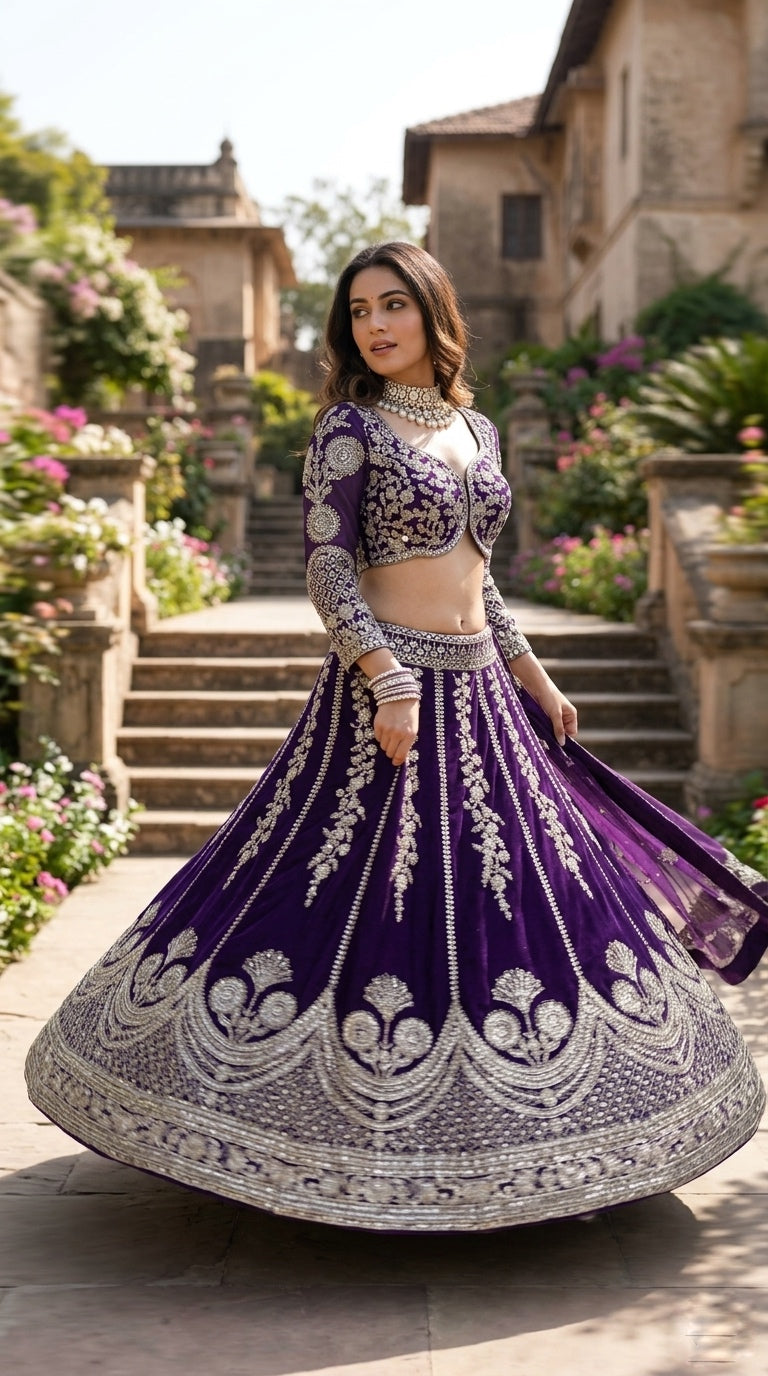 Royal Purple Embroidered Bridal Lehenga Set with Heavy Silver Zari Work & Dupatta