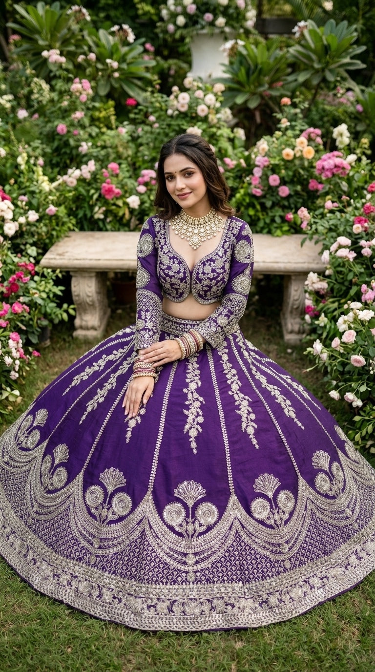 Royal Purple Embroidered Bridal Lehenga Set with Heavy Silver Zari Work & Dupatta