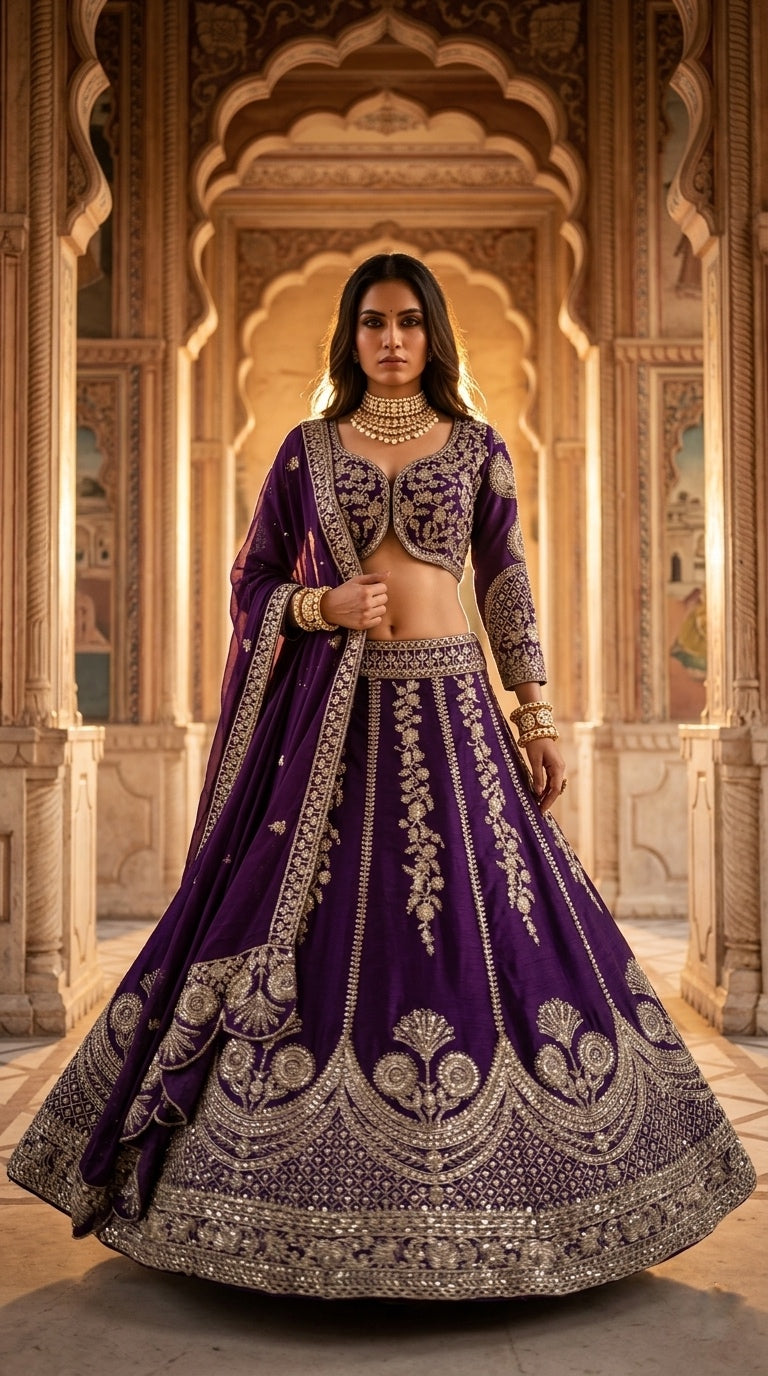 Royal Purple Embroidered Bridal Lehenga Set with Heavy Silver Zari Work & Dupatta