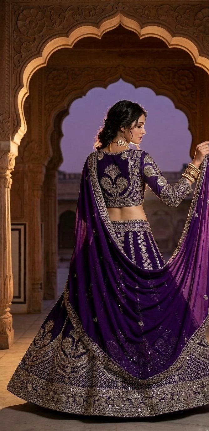 Royal Purple Embroidered Bridal Lehenga Set with Heavy Silver Zari Work & Dupatta
