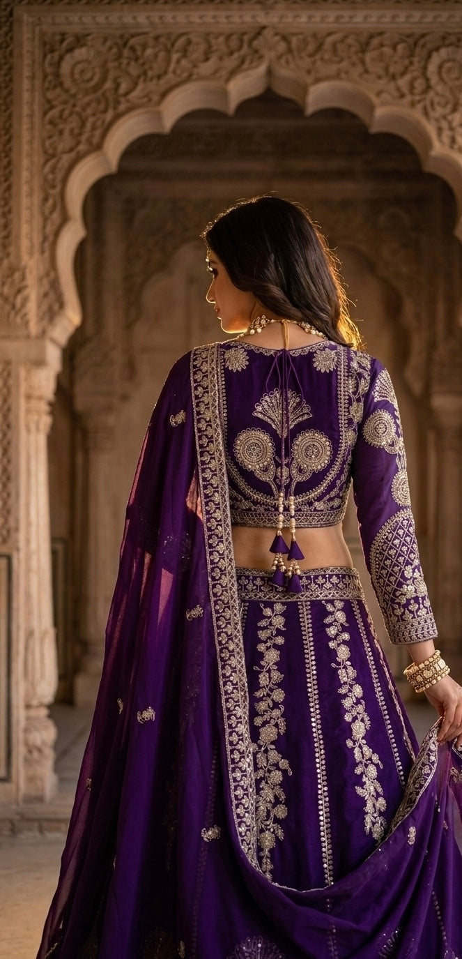 Royal Purple Embroidered Bridal Lehenga Set with Heavy Silver Zari Work & Dupatta