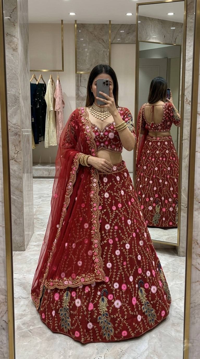 Scarlet Peacock Lehenga – A Celebration of Art & Elegance