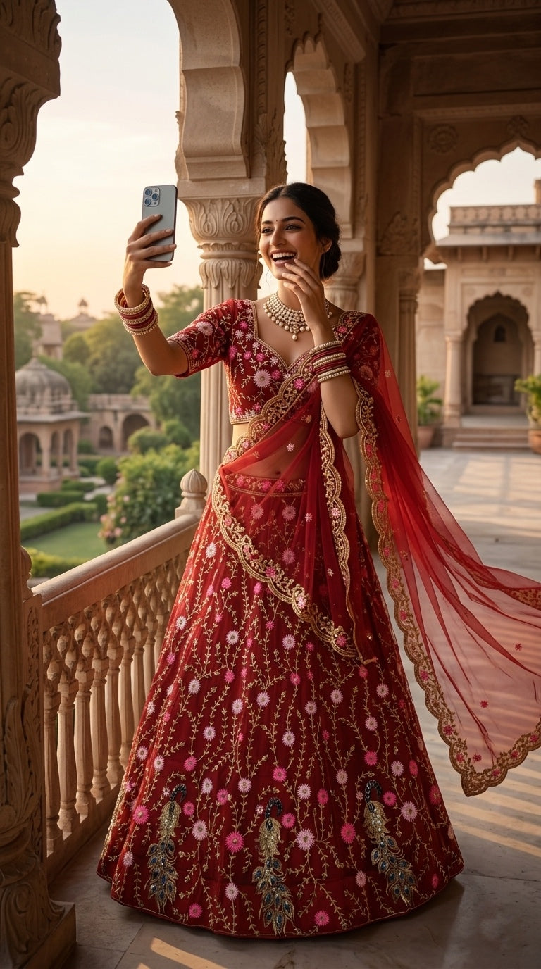 Scarlet Peacock Lehenga – A Celebration of Art & Elegance