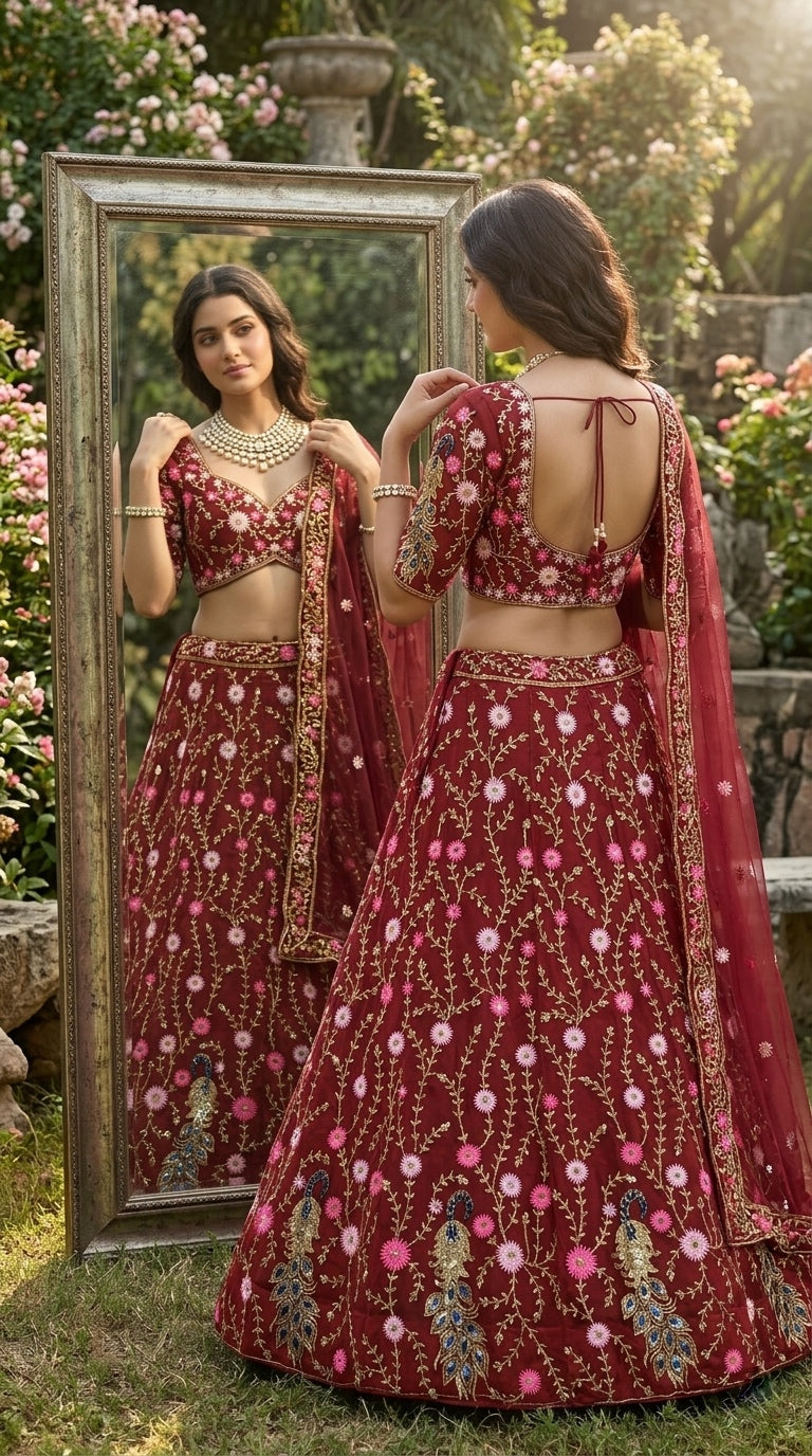 Scarlet Peacock Lehenga – A Celebration of Art & Elegance
