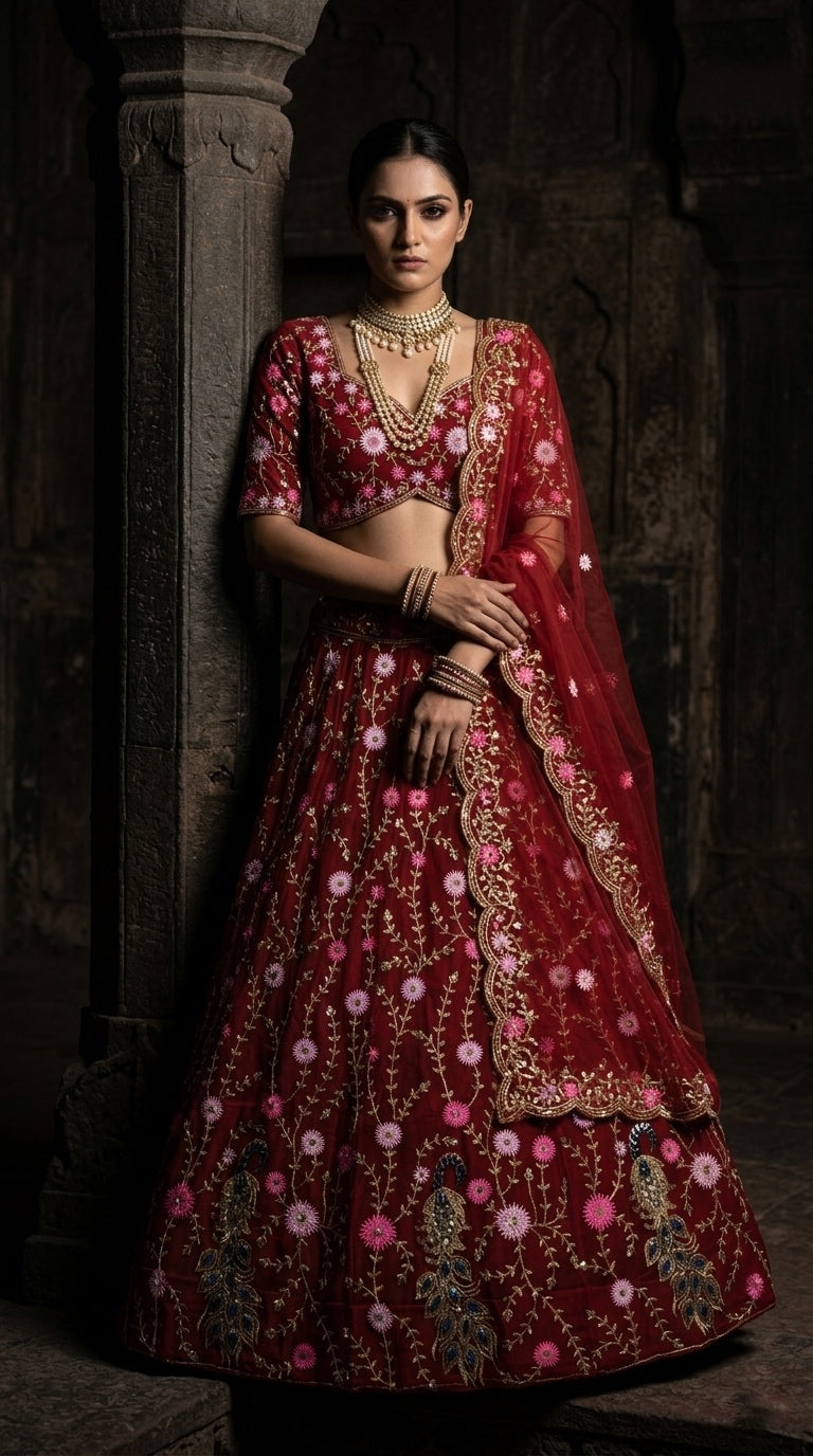 Scarlet Peacock Lehenga – A Celebration of Art & Elegance