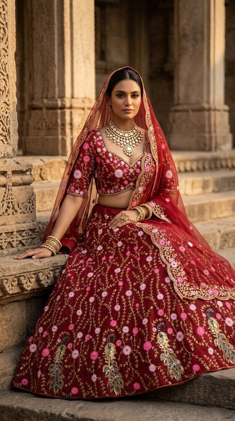 Scarlet Peacock Lehenga – A Celebration of Art & Elegance