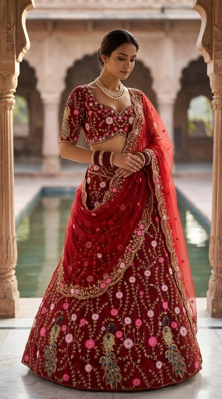 Scarlet Peacock Lehenga – A Celebration of Art & Elegance
