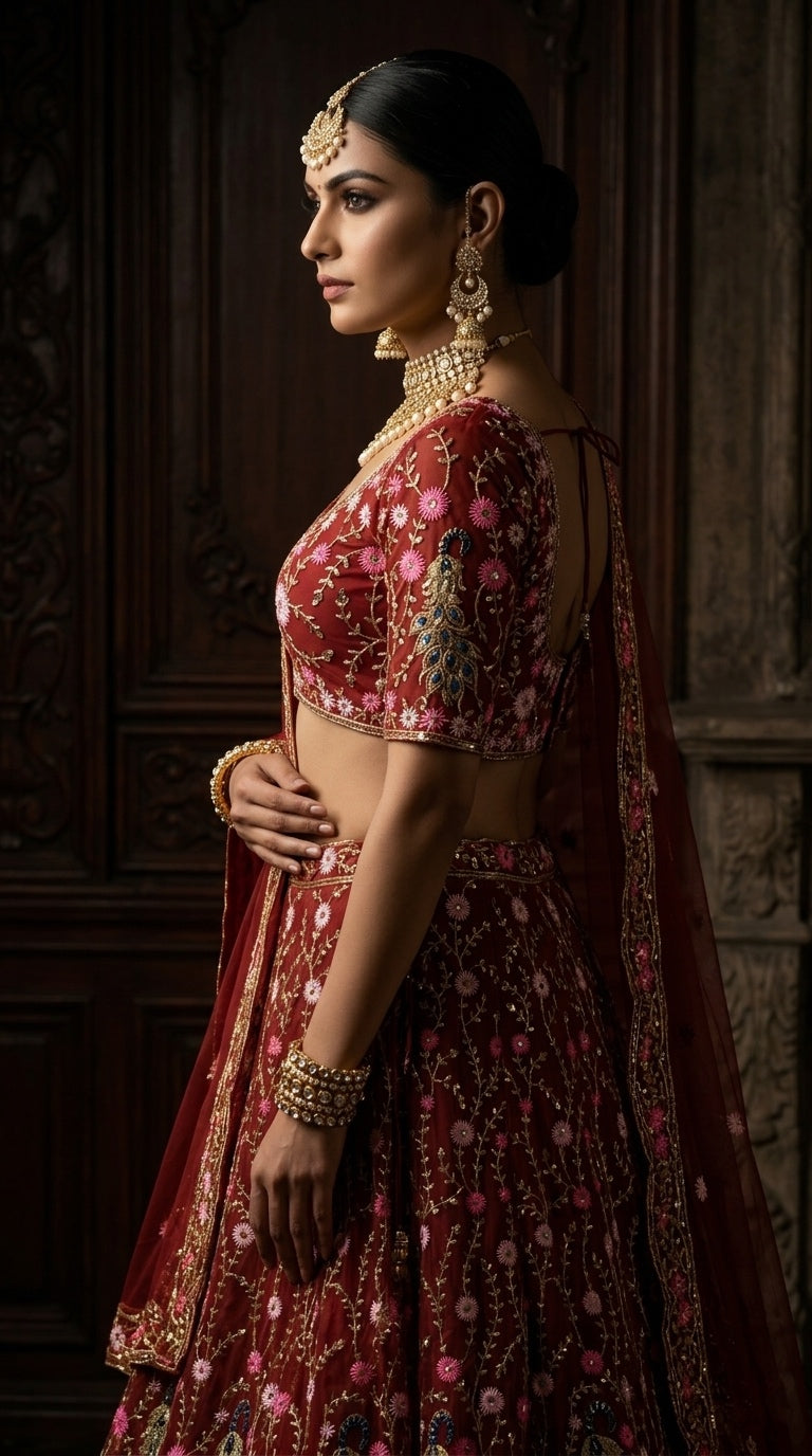 Scarlet Peacock Lehenga – A Celebration of Art & Elegance
