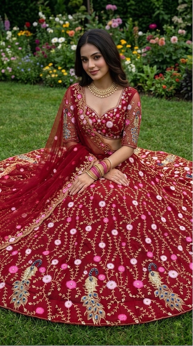 Scarlet Peacock Lehenga – A Celebration of Art & Elegance