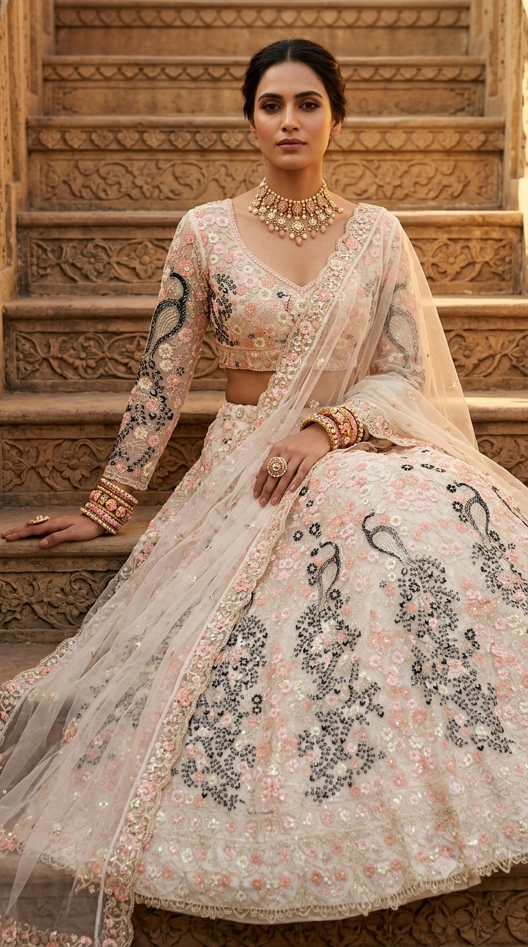 Ivory Blossom Lehenga – A Timeless Tale of Elegance 👑
