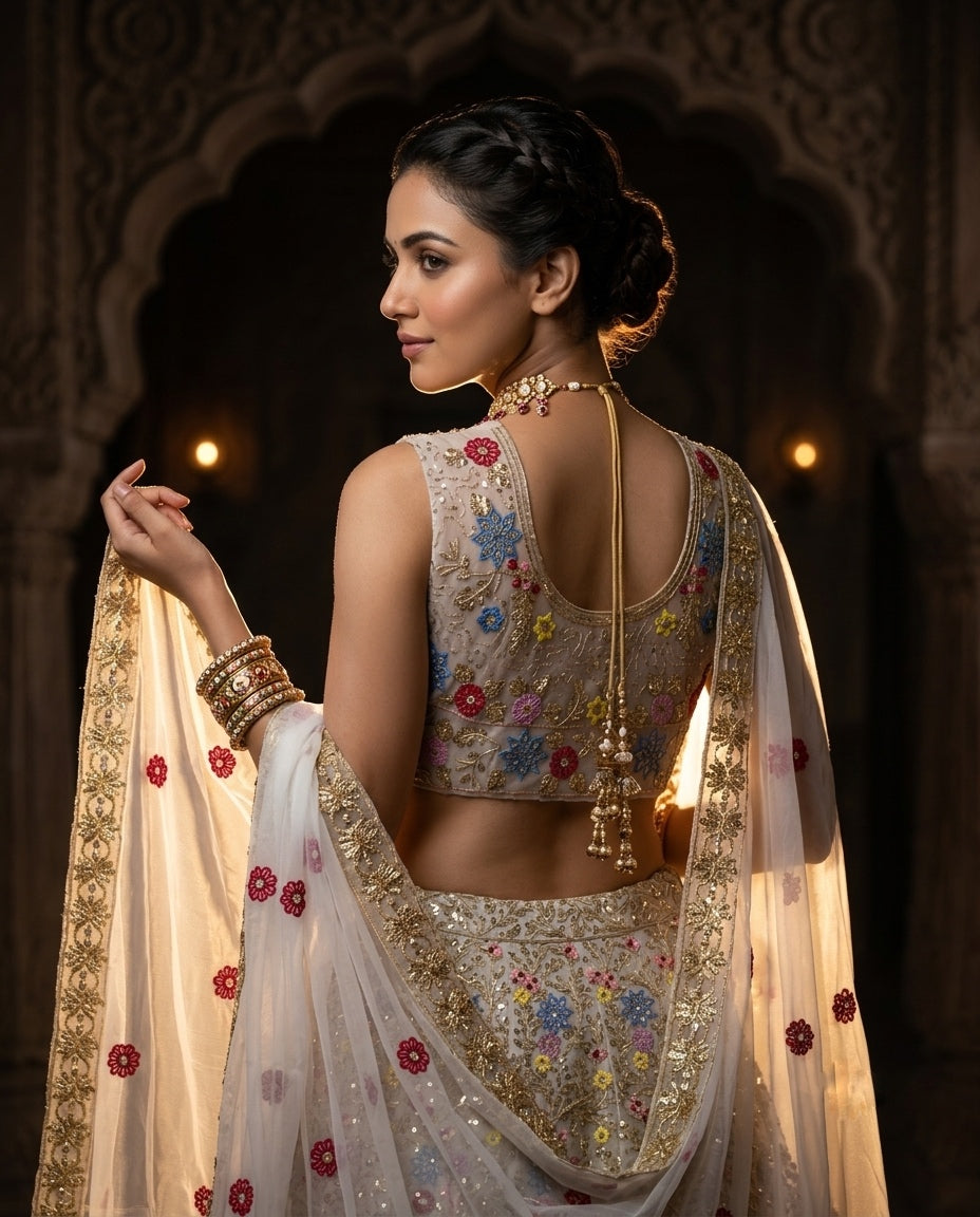 Elegant Ivory Floral Embroidered Bridal Lehenga with Timeless Grace