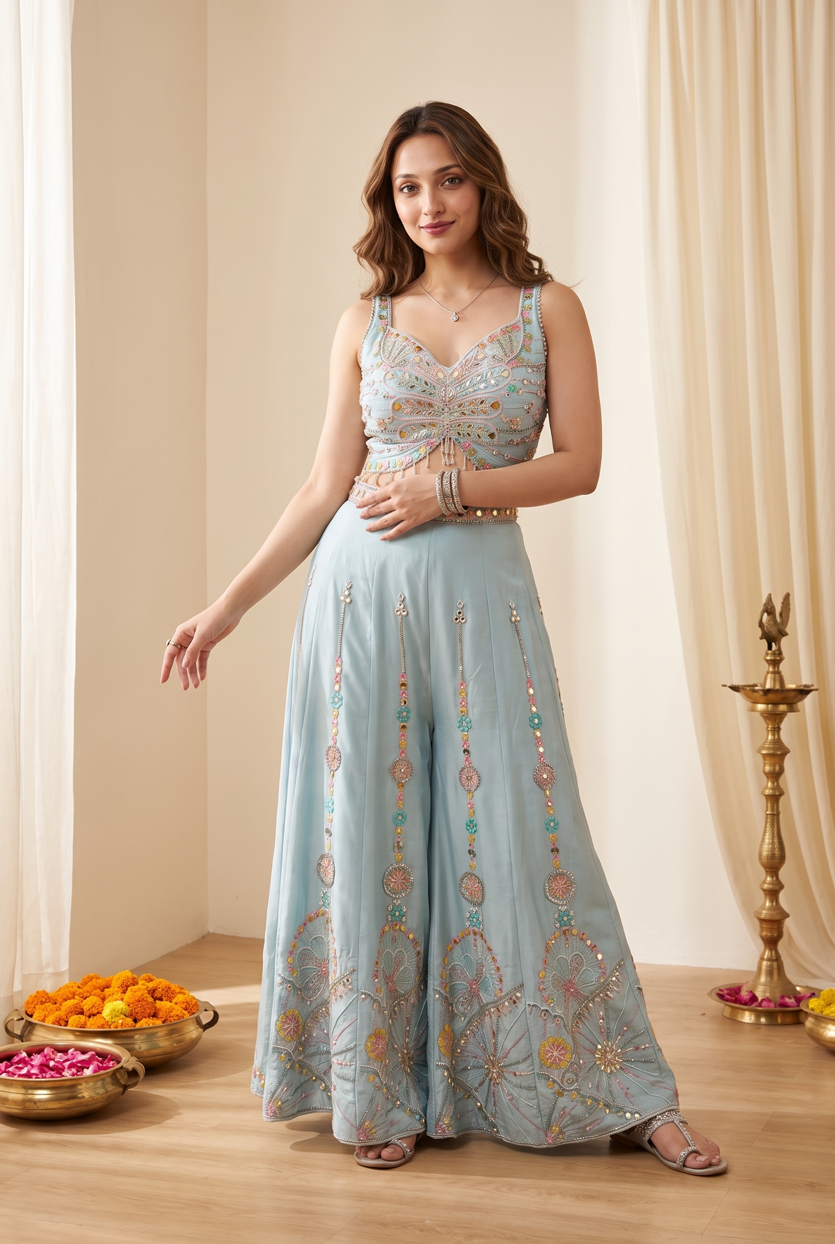 Get festive ready in our new Three piece Plazzo set with embroidery