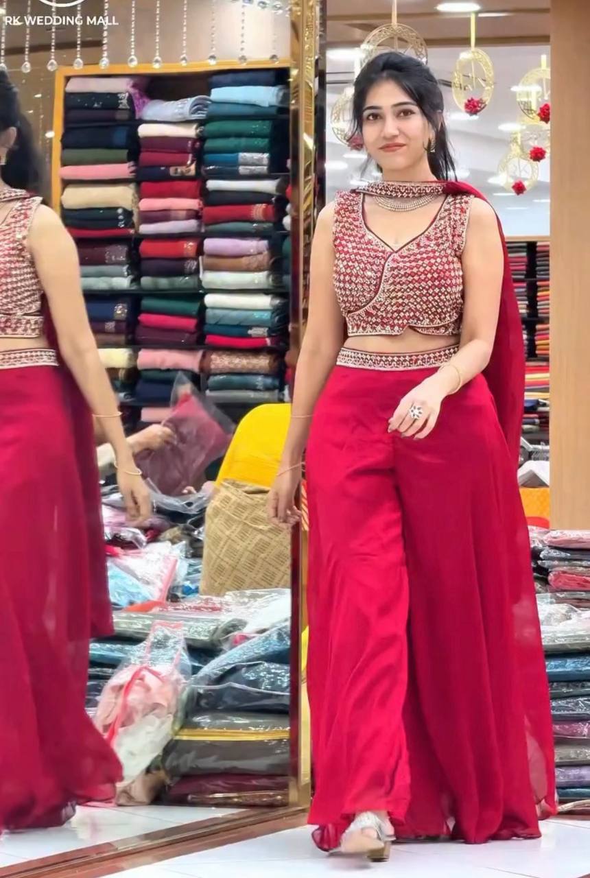 Royal Ruby Embroidered Palazzo Set