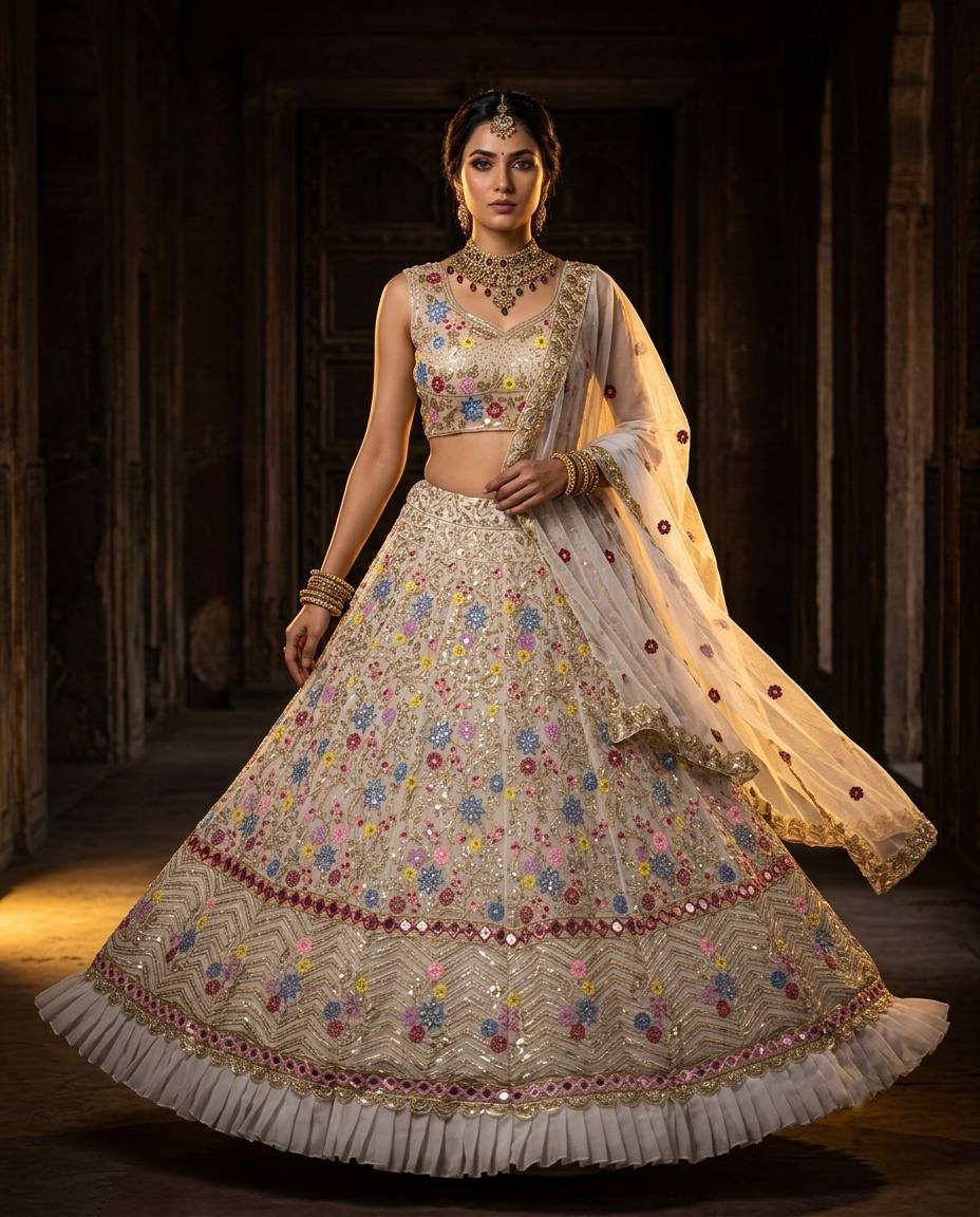Ivory Blossom Lehenga – A Timeless Tale of Elegance 👑