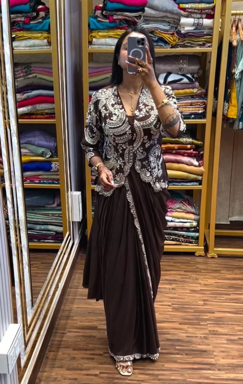 New Super Trending Embroidery Sequence work ready to wear saree with full koti