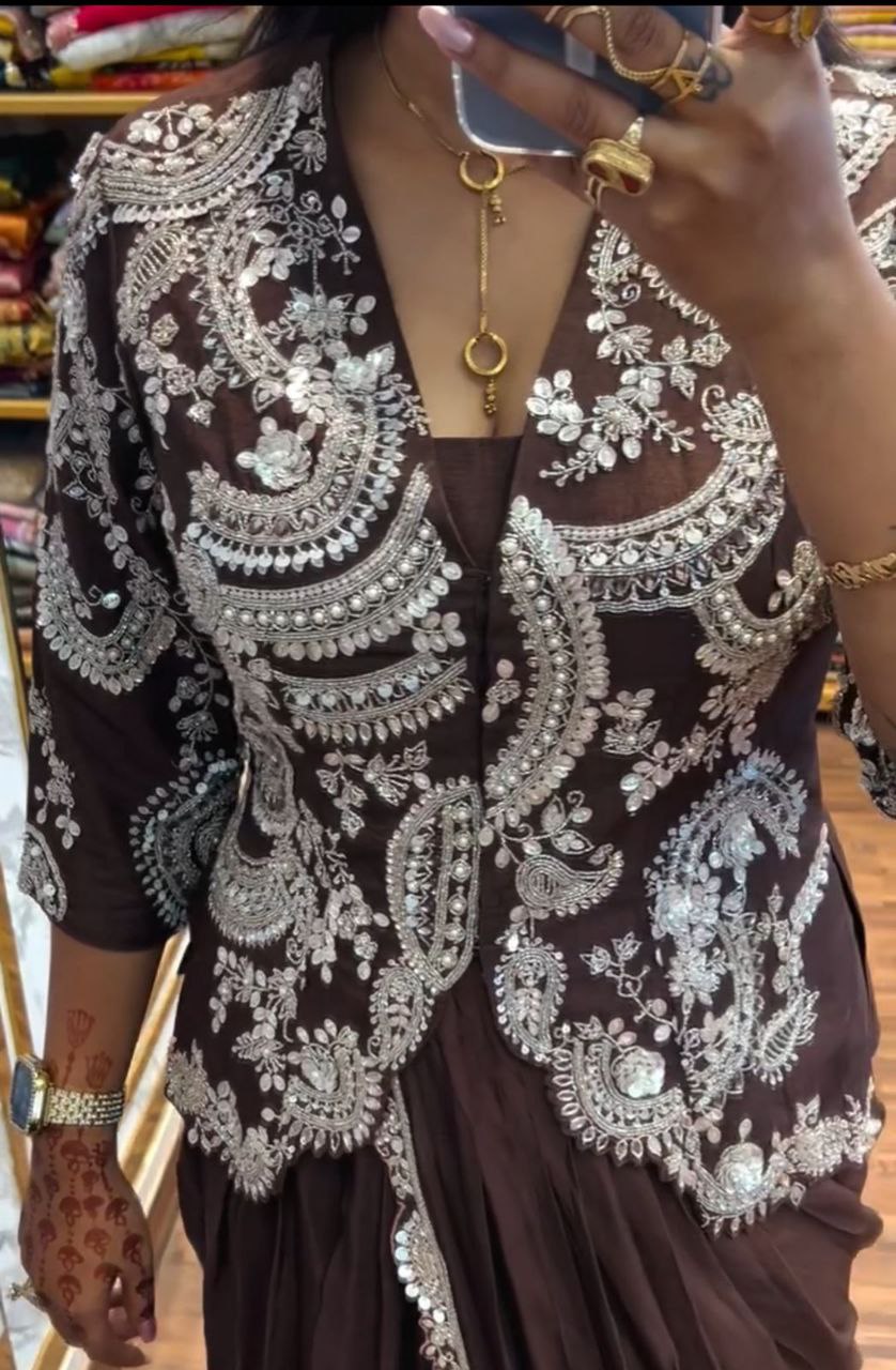 New Super Trending Embroidery Sequence work ready to wear saree with full koti