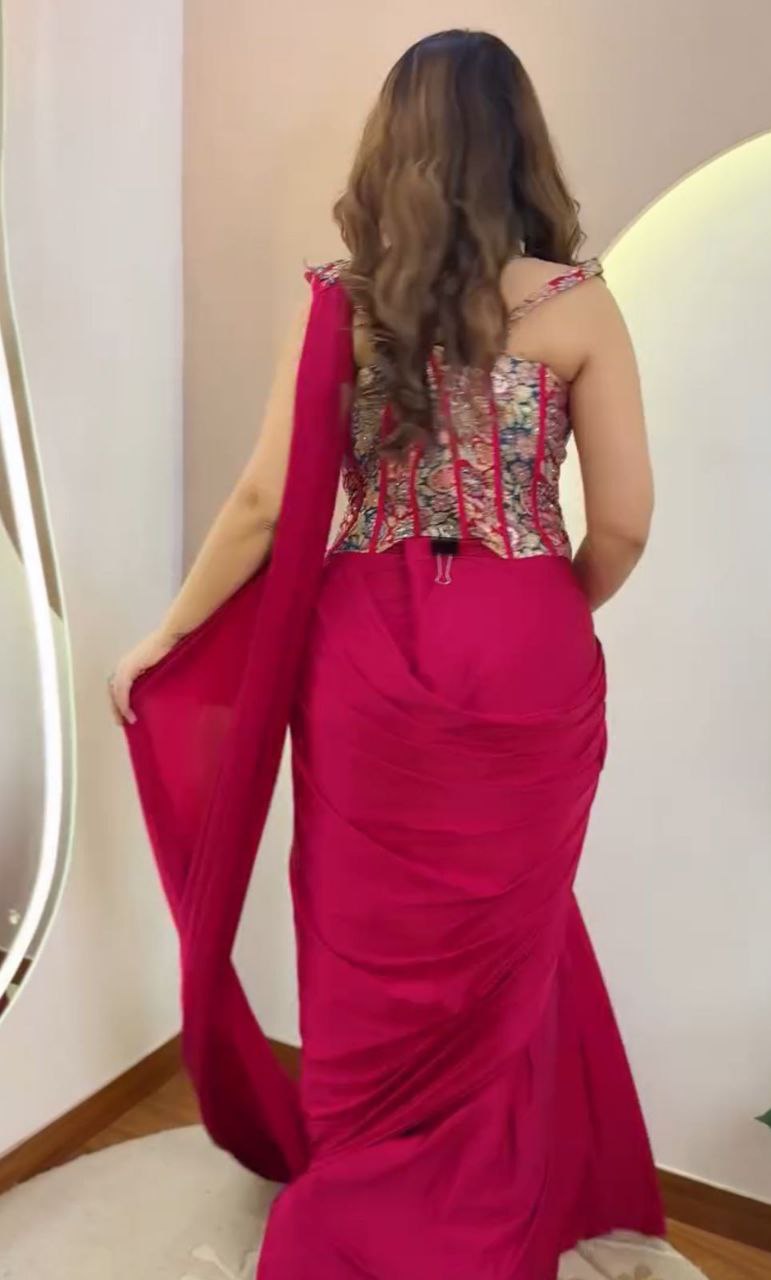 New Super Trending Embroidery Sequence work ready to wear saree with Embroidery Blouse
