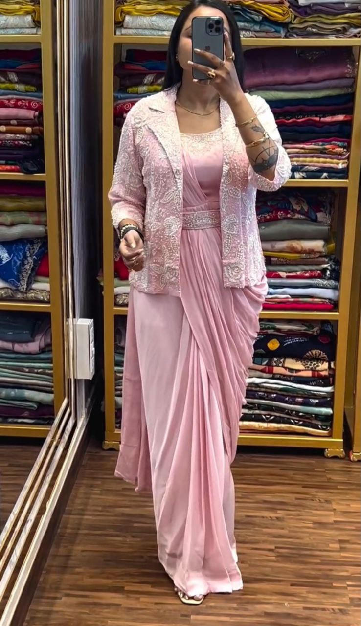 New Super Trending Embroidery Sequence work ready to wear saree with full koti