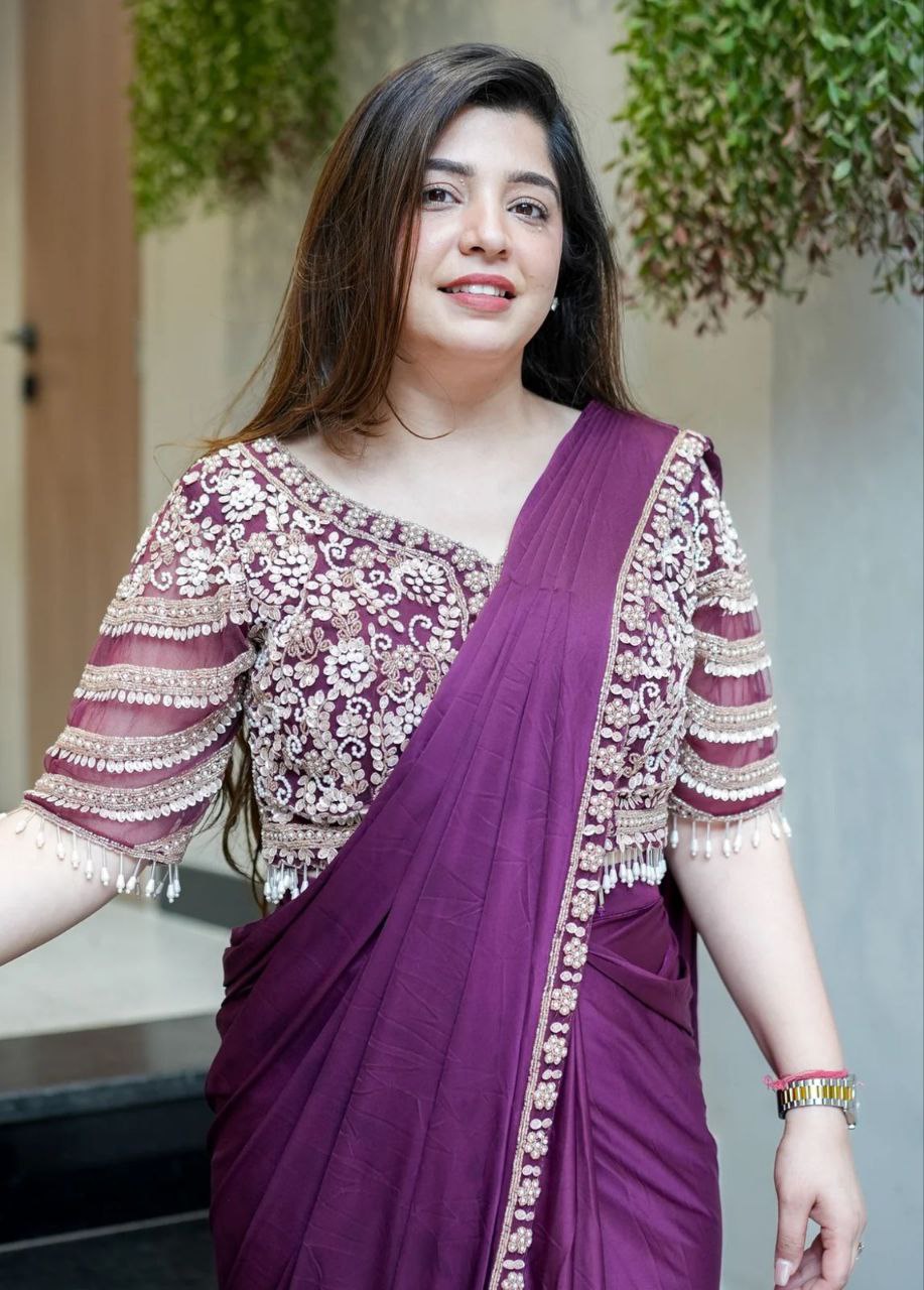 New Super Trending Embroidery Sequence work ready to wear saree with Embroidery Blouse