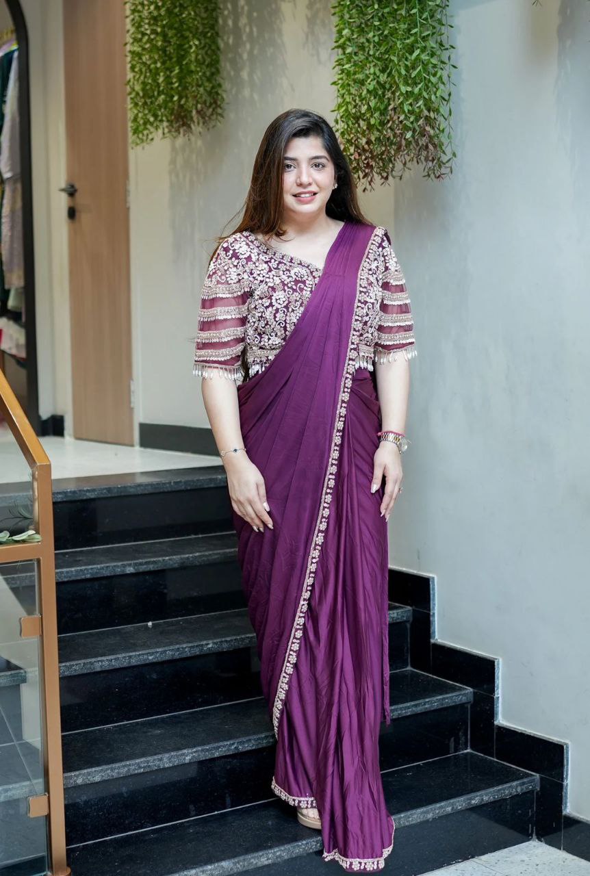 New Super Trending Embroidery Sequence work ready to wear saree with Embroidery Blouse